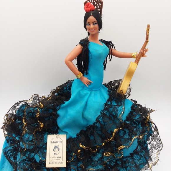 Vintage Marin Chiclana Espana Flamenco Dancer Doll Spain Blue Outfit Guitar Rose - Picture 1 of 7